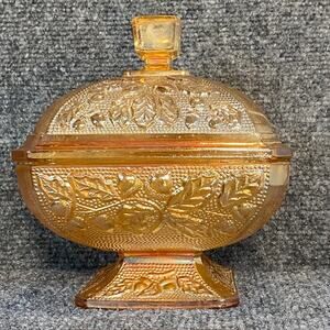 Vintage Carnival Glass Orange Amberina Covered Candy Dish Acorn Leaf Pattern